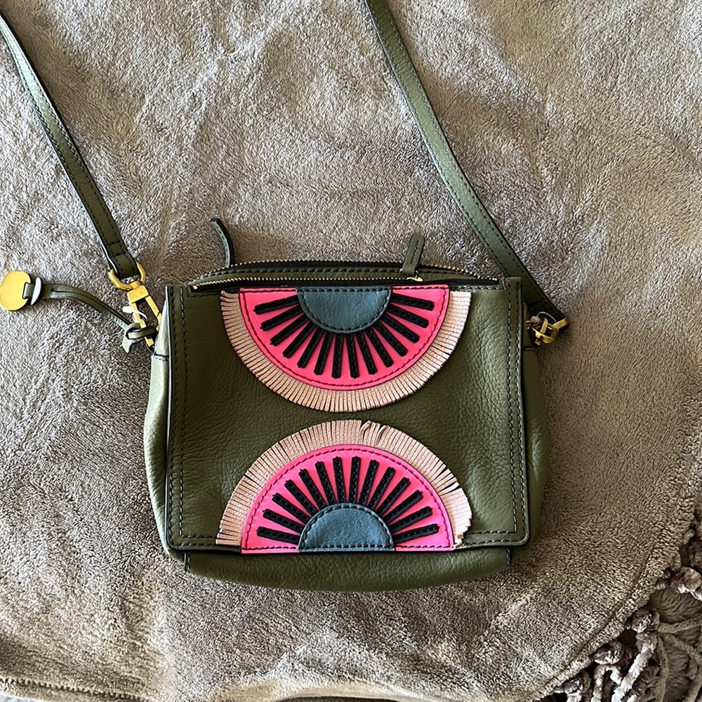 Fossil olive green and multi-color crossbody purse